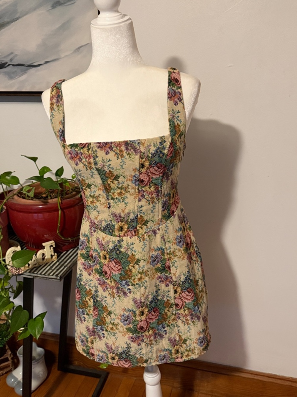 Floral Cream Square-Neck Mini Dress